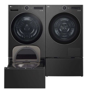 5.0 cu. ft. Front Load Washer and 7.8 cu. ft. Heat Pump Ventless Dryer with pedestal washer and drawer in Black Steel